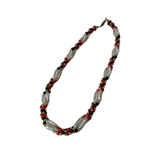 Vtg Retro Handmade Twisted Orange Black Gold Faux Pearl 17" Necklace - Picture 3 of 5